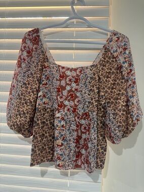 Patchwork Floral Peasant Blouse in Rust and Cream